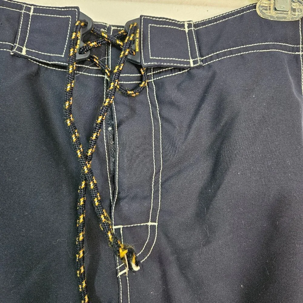 Nautica Men's Swim Trunks Blue with White and Yellow Stripe and Logo Size 36W